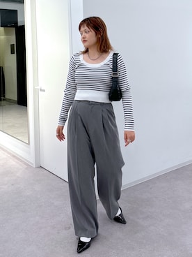 「リブニット」｜「アイテム（スラックス）」を使った、harukaさん（レディース・158cm）の秋コーディネート