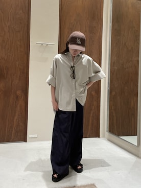 「GALLARDAGALANTE（ガリャルダガランテ）の【手洗い可】ストライプイージーパンツ（その他パンツ、ブルー系）」を使った、gg_chisatoooさん（レディース・152cm）の春コーディネート