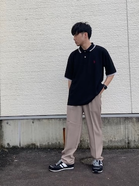 「U.S. POLO ASSN.（ユーエスポロアッスン）のU.S. POLO ASSN　カノコポロシャツ（ポロシャツ、ブラック系）」を使った、力也さん（メンズ・161cm）の夏コーディネート