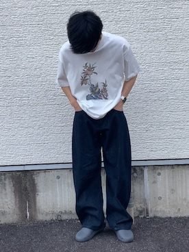 「ITEMS URBANRESEARCH（アイテムズ アーバンリサーチ）のNYBG PRINTED TSH（Tシャツ/カットソー、その他）」を使った、力也さん（メンズ・161cm）の夏コーディネート