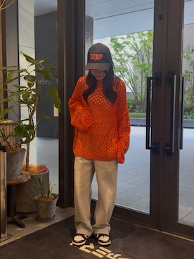 「THE GOODLAND MARKET（ザグッドランドマーケット）の『別注』MidiUmi x THE GOODLAND MARKET　LACE KNIT PO（ニット/セーター、オレンジ系）」を使った、ゆめさん（レディース・148cm）の春コーディネート