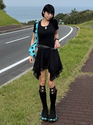 「ROUGHNECK(ラフネック)のエンジェルウィングリボンホルタートップブラック(Tシャツ/カットソー)」を使った、あおいさん(レディース・159cm)の夏コーディネート