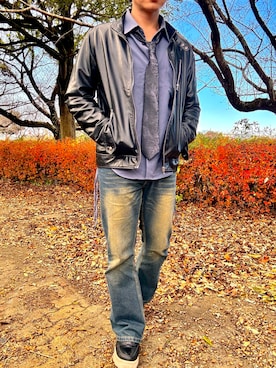 「アイテム（ライダースジャケット）」を使った、8apple8さん（メンズ・173cm）の冬コーディネート