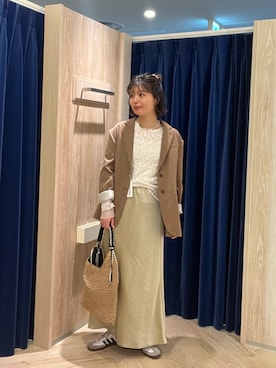 「fredy emue（フレディエミュ）のリネン混ラチネオーバージャケット（テーラードジャケット、ブラウン系）」を使った、kotani.さん（レディース・165cm）の春コーディネート