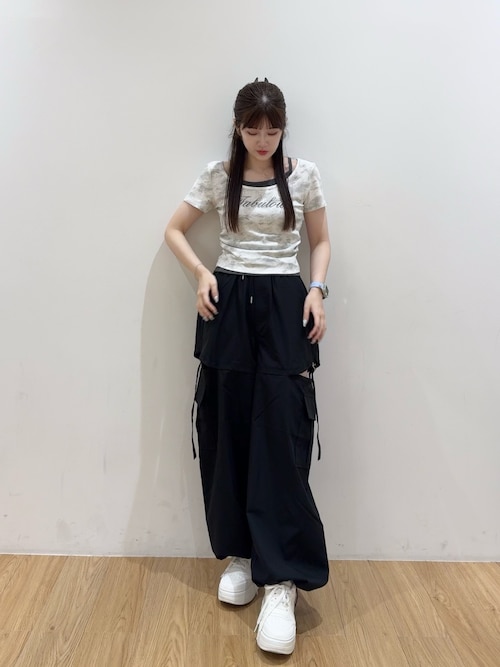 ムラ染めサイドギャザーロゴレイヤードトップス