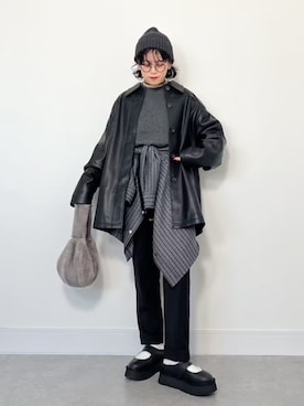 「アイテム（ライダースジャケット）」を使った、eriさん（レディース・153cm）の秋コーディネート