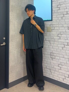 「RAGEBLUE（レイジブルー）のTRストレッチ/バギーワイドパンツ（スラックス、ブラック系）」を使った、soma0702さん（メンズ）の夏コーディネート