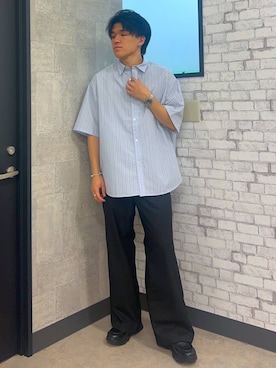 「RAGEBLUE（レイジブルー）のTRストレッチ/バギーワイドパンツ（スラックス、ブラック系）」を使った、soma0702さん（メンズ）の夏コーディネート