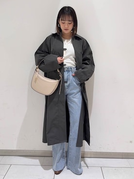 「フレアデニム」｜「アイテム（ステンカラーコート）」を使った、あおいさん（レディース・158cm）の春コーディネート