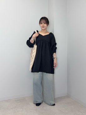 「KBF（ケイビーエフ）のタックスリーブミニワンピース（ワンピース、ブラック系）」を使った、あおいさん（レディース・158cm）の春コーディネート