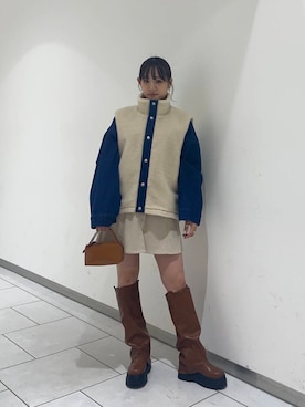 「KBF（ケイビーエフ）のカバーデザインロングブーツ（ブーツ）」を使った、あおいさん（レディース・158cm）の秋コーディネート