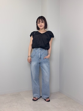 「KBF（ケイビーエフ）のバルーンリボンブラウス（シャツ/ブラウス、ブラック系）」を使った、あおいさん（レディース・158cm）の春コーディネート