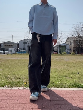 「welise（ウェライズ）の【welise/ウェライズ】リッチドレープスムース  ニューベーシック ショート丈 メニーボタン 長袖プルオーバーシャツ（シャツ/ブラウス、ブルー系）」を使った、　hyt_WEARさん（メンズ・173cm）の春コーディネート