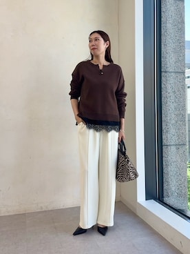 「Jena espace merveilleux（ジェナ　エスパスメルヴェイユ）のVネックコットンニット（ニット/セーター、ブラウン系）」を使った、jenachikaさん（レディース・166cm）の夏コーディネート