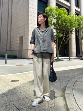 「Jena espace merveilleux（ジェナ　エスパスメルヴェイユ）の〈7/17インスタライブご紹介アイテム〉シアーデニムスキッパーシャツ（シャツ/ブラウス、ブラック系）」を使った、jenachikaさん（レディース・166cm）の夏コーディネート