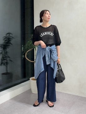 「Jena espace merveilleux（ジェナ　エスパスメルヴェイユ）の【待望のサイズ展開！シリーズ累計販売枚数1万枚突破！】テンセルデニムシャツ（シャツ/ブラウス、ブルー系）」を使った、jenachikaさん（レディース・166cm）の夏コーディネート