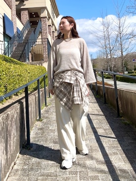 「Jena espace merveilleux(ジェナ エスパスメルヴェイユ)のシアーチェックSH(シャツ/ブラウス、ベージュ系)」を使った、jenachikaさん(レディース・166cm)の春コーディネート