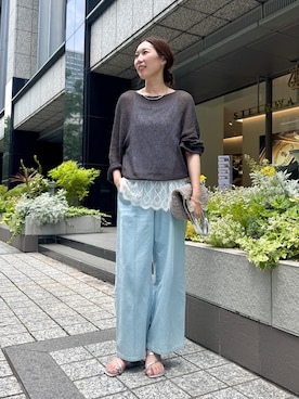 「Jena espace merveilleux(ジェナ エスパスメルヴェイユ)のペーパーヤーンルーズニット(ニット/セーター、グレー系)」を使った、jenachikaさん(レディース・166cm)の夏コーディネート