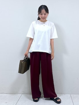 「ROPE'（ロペ）の【洗える・カセット服】ライトトリアセイージーワイドパンツ/お仕事・通勤・セットアップ対応（その他パンツ）」を使った、mayu☺︎さん（レディース・162cm）の夏コーディネート