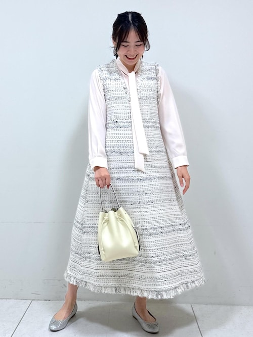 美品 ロペ ROPE' 2万円 ボウタイブラウス ホワイト プリーツブラウス ROPE' PICNIC ブラウス シャツ 「WEB限定40サイズ」ジョーゼット配色