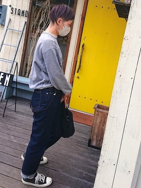 「無印良品（ムジルシリョウヒン）のアイテム（パンツ、ブルー系）」を使った、MAHさん（レディース・164cm）の春コーディネート