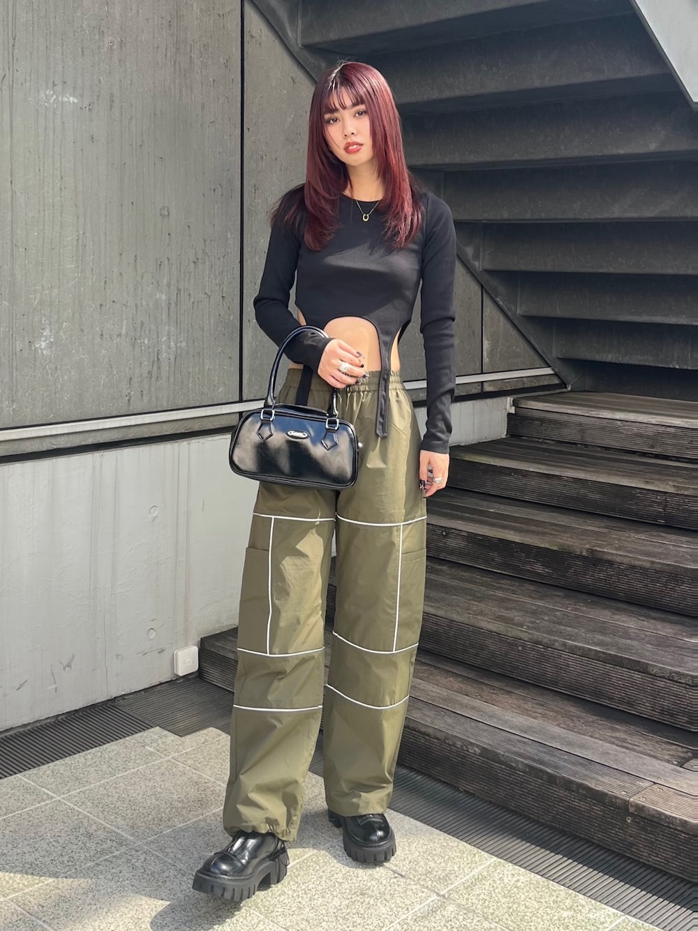 「秋、今日のコーデ、カジュアルコーデ、初秋コーデ、秋服準備はじめました」｜「X-girlのGARTER L/S TOP（Tシャツ/カットソー、ブラック系）」を使った、下村こころさん（レディース・164cm）の秋コーディネートの1枚目の写真