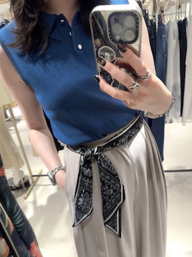 「Andemiu（アンデミュウ）のタックフレアパンツ859565（スラックス、ベージュ系）」を使った、ぽ　んさん（レディース・161cm）の夏コーディネート