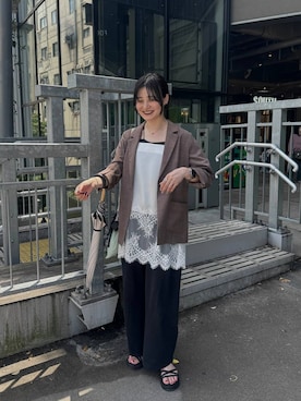 「Andemiu（アンデミュウ）のサテンレースキャミ（シャツ/ブラウス、ホワイト系）」を使った、ぽ　んさん（レディース・161cm）の夏コーディネート