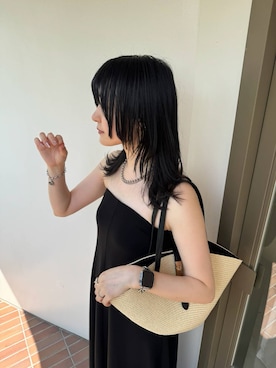 「Andemiu（アンデミュウ）のブレードバケツトート（かごバッグ、ブラック系）」を使った、ぽ　んさん（レディース・161cm）の夏コーディネート