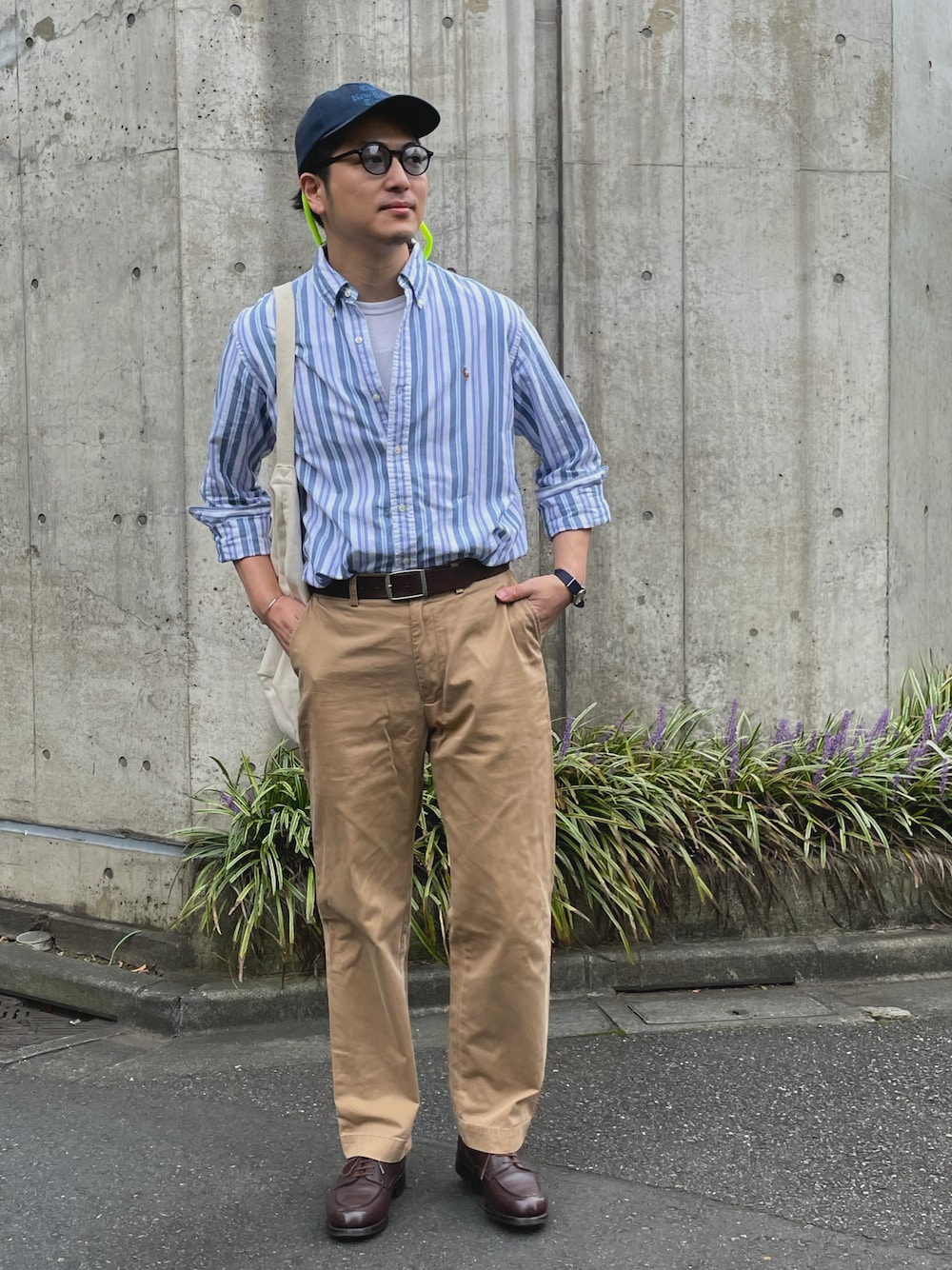 「ラブアンドピース2021、シャツスタイル、チノパン、革靴、古着MIX、ストリートMIX、古着、アメカジ、ベースボールキャップ、オトナカジュアル」｜「POLO RALPH LAURENのアイテム（チノパンツ、ベージュ系）」を使った、りつ@ファンプさん（メンズ・180cm）の秋コーディネートの1枚目の写真