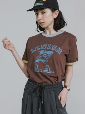 「Chick（チック）のCollege-Style Bicolor Ringer T-Shirt / カレッジ風バイカラーリンガーTシャツ 2026年春夏（Tシャツ/カットソー、ブラウン系）」を使った、NA♡さん（レディース・165cm）の春コーディネート