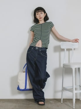 「MILLER（ミラー）のR.P.miller/ミラー Prib Slit S/S tee パネルリブ Tシャツ タイトシルエット 2026年春夏（Tシャツ/カットソー、グリーン系）」を使った、NA♡さん（レディース・165cm）の春コーディネート