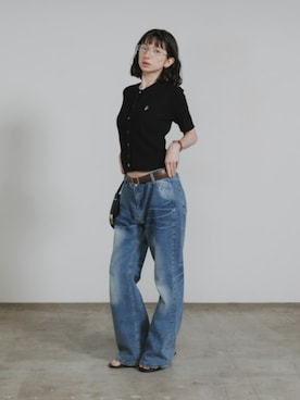 「U.S. POLO ASSN.（ユーエスポロアッスン）のU.S. POLO ASSN./ユーエスポロアッスン ケーブル半袖カーディガン 2026年春夏（カーディガン/ボレロ、ブラック系）」を使った、NA♡さん（レディース・165cm）の春コーディネート