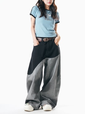 「Theater code（シアターコード）のDouble Color Design Curved Denim/ダブルカラーデザイン カーブデニムメンズ（デニムパンツ、ブラック系）」を使った、NA♡さん（レディース・165cm）の夏コーディネート