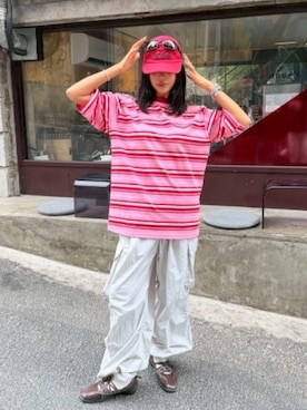 「ipugo（イプゴ）のipugo/イプゴ マルチボーダー オーバーサイズTシャツ 2026夏物 夏服（Tシャツ/カットソー、ピンク系）」を使った、NA♡さん（レディース・165cm）の夏コーディネート