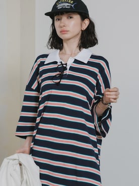 「Chick（チック）のWide-Fit Canvas Striped Polo Shirt / ワイドシルエット キャンバス地 ボーダーポロシャツ 2026年春夏（ポロシャツ、ブルー系）」を使った、NA♡さん（レディース・165cm）の夏コーディネート