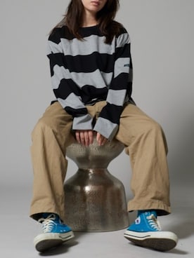 「OK YESTERDAY（オッケーイエスタデイ）のOK YESTERDAY / オーケー イエスタデイ ワイドボーダーロンT/Wide-Striped Long-Sleeve T-Shirt（Tシャツ/カットソー、ブラック系）」を使った、NA♡さん（レディース・165cm）の秋コーディネート