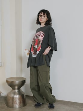 「Chick（チック）のPrinted Crew-Neck Oversized T-Shirt / プリントデザイン クルーネックビッグＴシャツ 2026年春夏（Tシャツ/カットソー、グレー系）」を使った、NA♡さん（レディース・165cm）の夏コーディネート