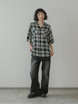 「DAN RIVER（ダンリバー ）のDAN RIVER/ダンリバー 70s printed rayon check ss shirt レーヨン レギュラーカラー 半袖シャツ  2026年春夏（シャツ/ブラウス、ブラック系）」を使った、NA♡さん（レディース・165cm）の春コーディネート