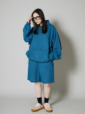 「OK YESTERDAY（オッケーイエスタデイ）のOK YESTERDAY / オーケー イエスタデイ ワイドイージーショーツ / WIDE EASY SHORTS 2026年 夏 夏服（その他パンツ、ブルー系）」を使った、NA♡さん（レディース・165cm）の夏コーディネート