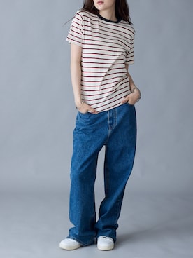 「OK YESTERDAY（オッケーイエスタデイ）のOK YESTERDAY / オーケー イエスタデイ  テーパードデニムパンツ 2026年 夏 夏服（デニムパンツ、ブルー系）」を使った、NA♡さん（レディース・165cm）の夏コーディネート