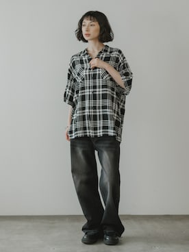 「DAN RIVER（ダンリバー ）のDAN RIVER/ダンリバー 70s printed rayon check ss shirt レーヨン レギュラーカラー 半袖シャツ  2026年春夏（シャツ/ブラウス、ブラック系）」を使った、NA♡さん（レディース・165cm）の夏コーディネート