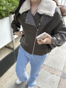 「ipugo（イプゴ）のipugo/イプゴ ファーレザージャケット 冬服（ライダースジャケット、ブラウン系）」を使った、NA♡さん（レディース・165cm）の秋コーディネート