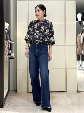 「UNTITLED（アンタイトル）のフラワープリントブラウス（シャツ/ブラウス、グレー系）」を使った、moricoさん（レディース・154cm）の夏コーディネート
