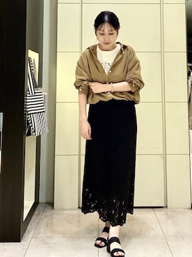 「UNTITLED（アンタイトル）のベロアプリントロゴT（Tシャツ/カットソー、ホワイト系）」を使った、moricoさん（レディース・154cm）の夏コーディネート