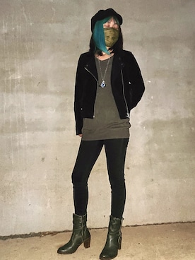 「H&M（エイチ・アンド・エム）のアイテム（ライダースジャケット）」を使った、もるごーんさん（レディース・158cm）の冬コーディネート