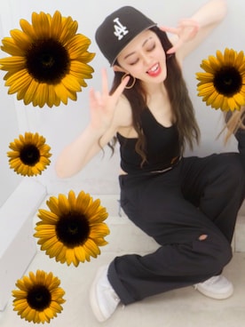 「オールブラック」｜「アイテム（キャップ）」を使った、dj mi-co【実咲】さん（レディース・161cm）の夏コーディネート