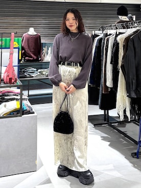 「PAGEBOY（ページボーイ）のサテンナロースカート 【ウエストゴム・ストレスフリー】（スカート）」を使った、うなちゃんさん（レディース・152cm）の冬コーディネート