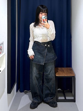 「PAGEBOY（ページボーイ）のカーブラインコクーンデニム【セットアップ対応】（Denim pants、ブルー系）」を使った、うなちゃんさん（レディース・152cm）の秋コーディネート