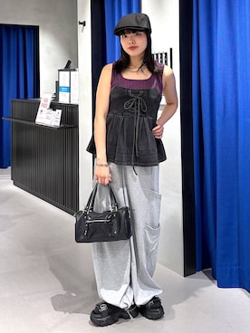 「PAGEBOY（ページボーイ）の【2WAY仕様】スタッズミニボストンバッグ（ショルダーバッグ、ブラック系）」を使った、うなちゃんさん（レディース・152cm）の夏コーディネート